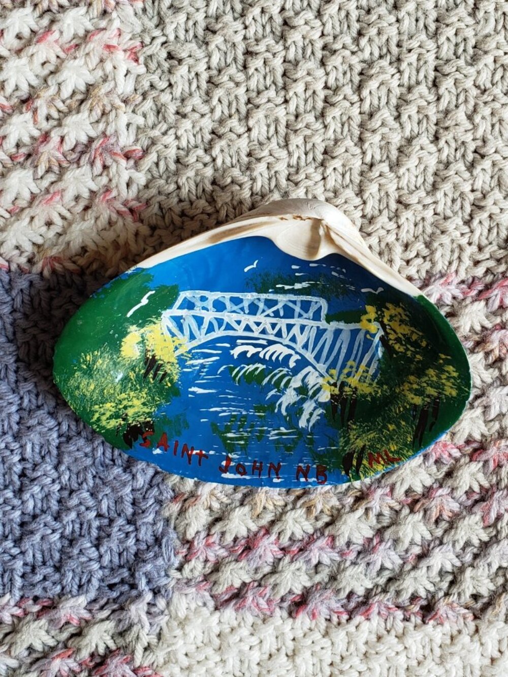 Folk-art Hand-painted scene on mollusc shell- Saint John, New Brunswick init. ML